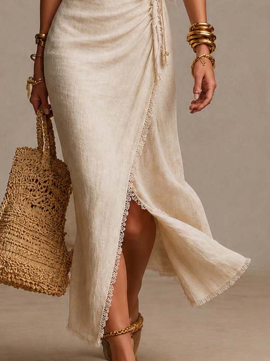 Clémence | Robe midi en lin naturel avec décolleté croisé et dentelle
