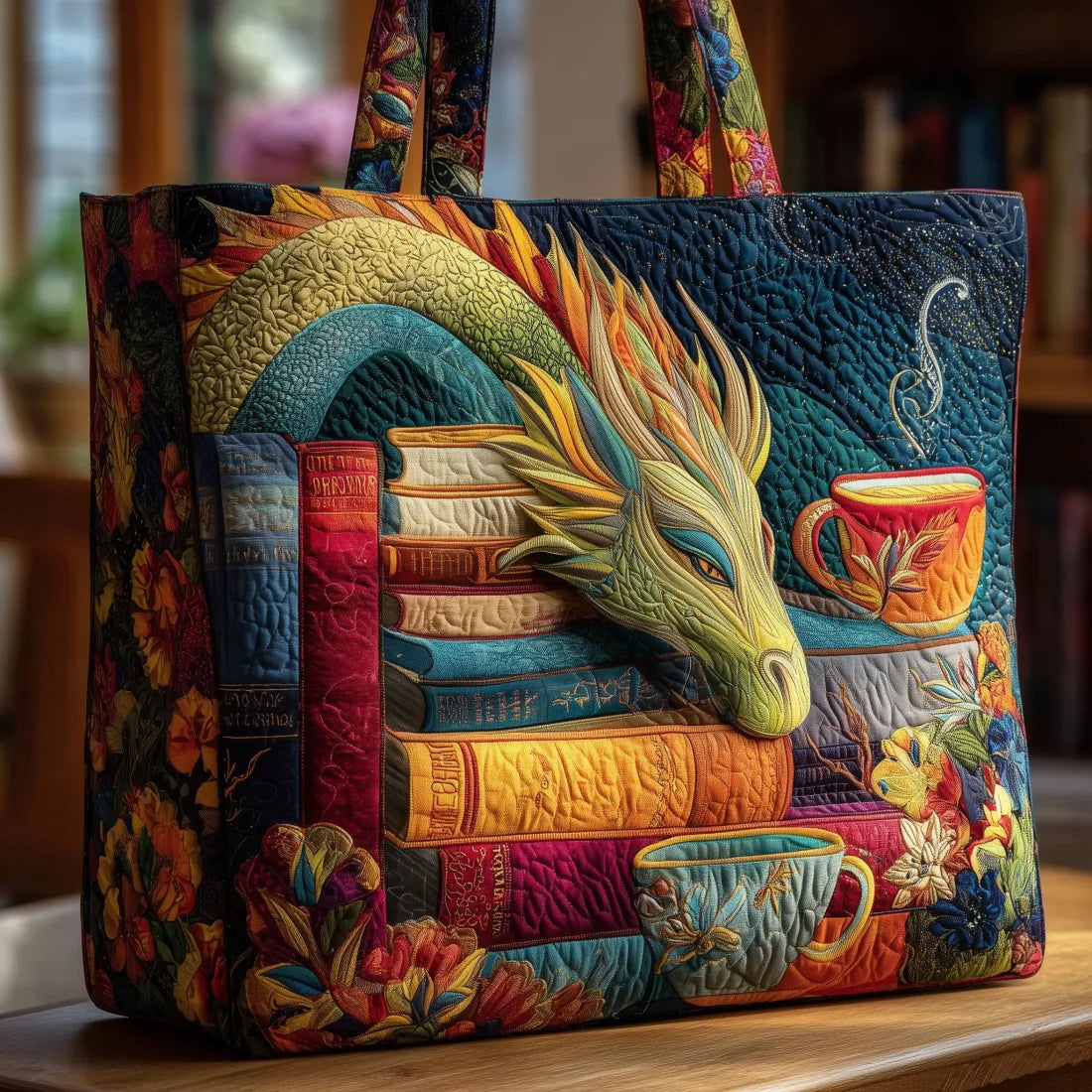Sac fourre-tout en tissu fait main avec livres et tasses