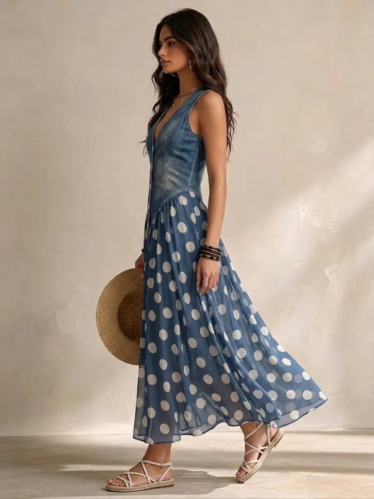 Beatrice | Robe en jean chic avec jupe en chiffon à pois