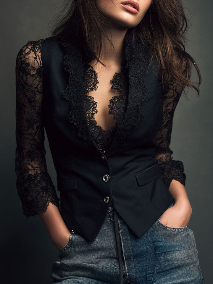 Noémie | Blazer noir à manches semi-transparentes
