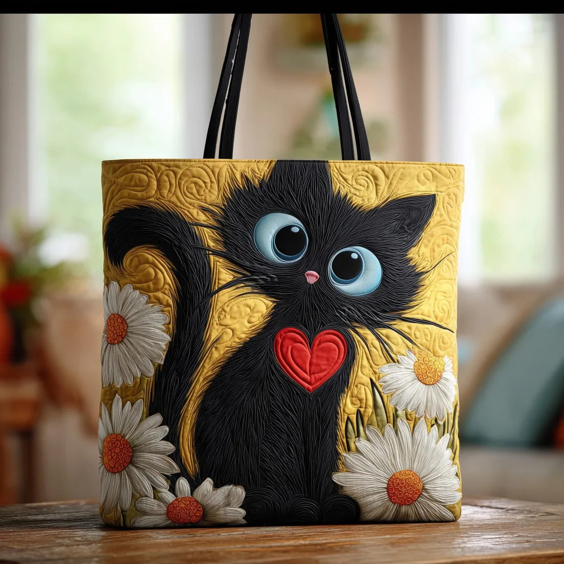 Sac à main noir en forme de chat fait main avec cœur et marguerites