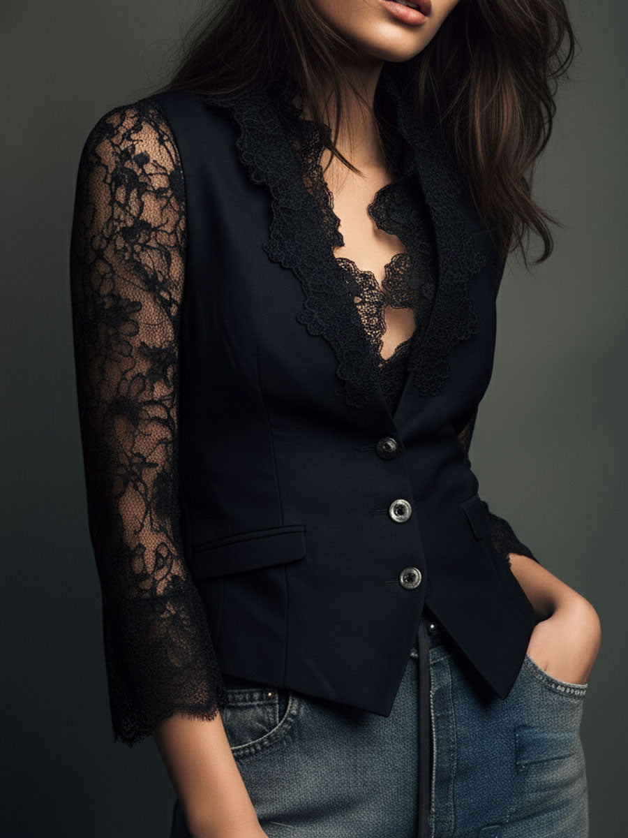 Noémie | Blazer noir à manches semi-transparentes