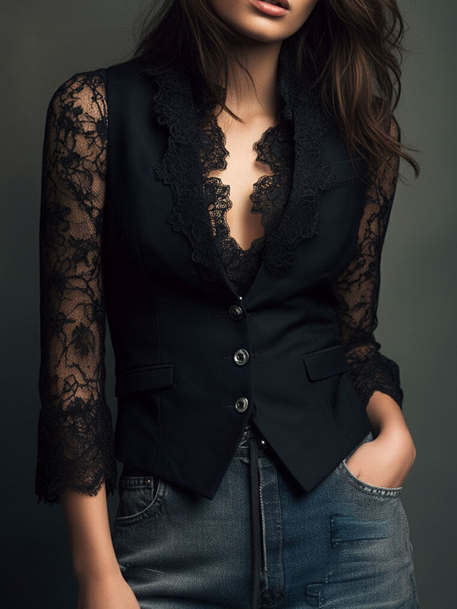 Noémie | Blazer noir à manches semi-transparentes