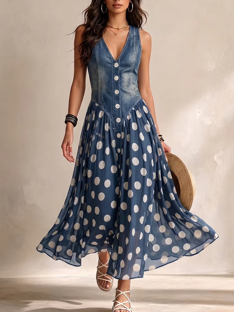 Beatrice | Robe en jean chic avec jupe en chiffon à pois