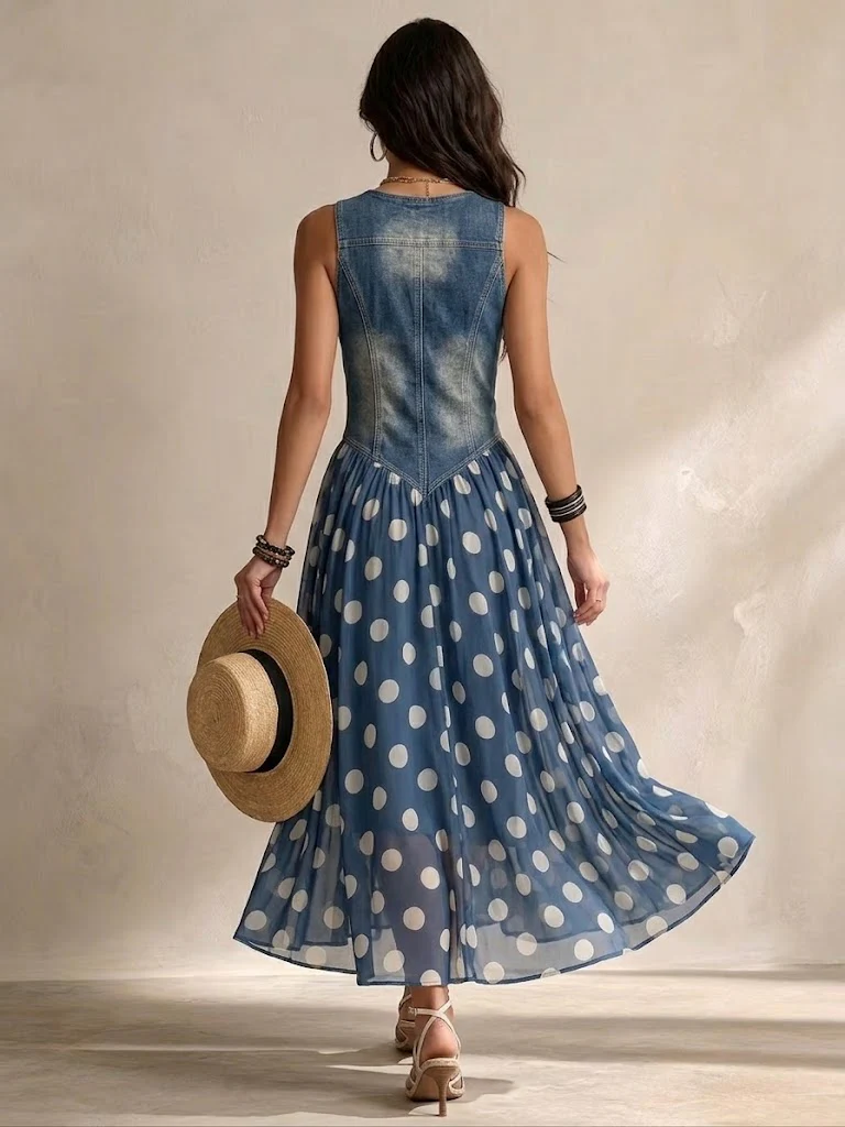 Beatrice | Robe en jean chic avec jupe en chiffon à pois