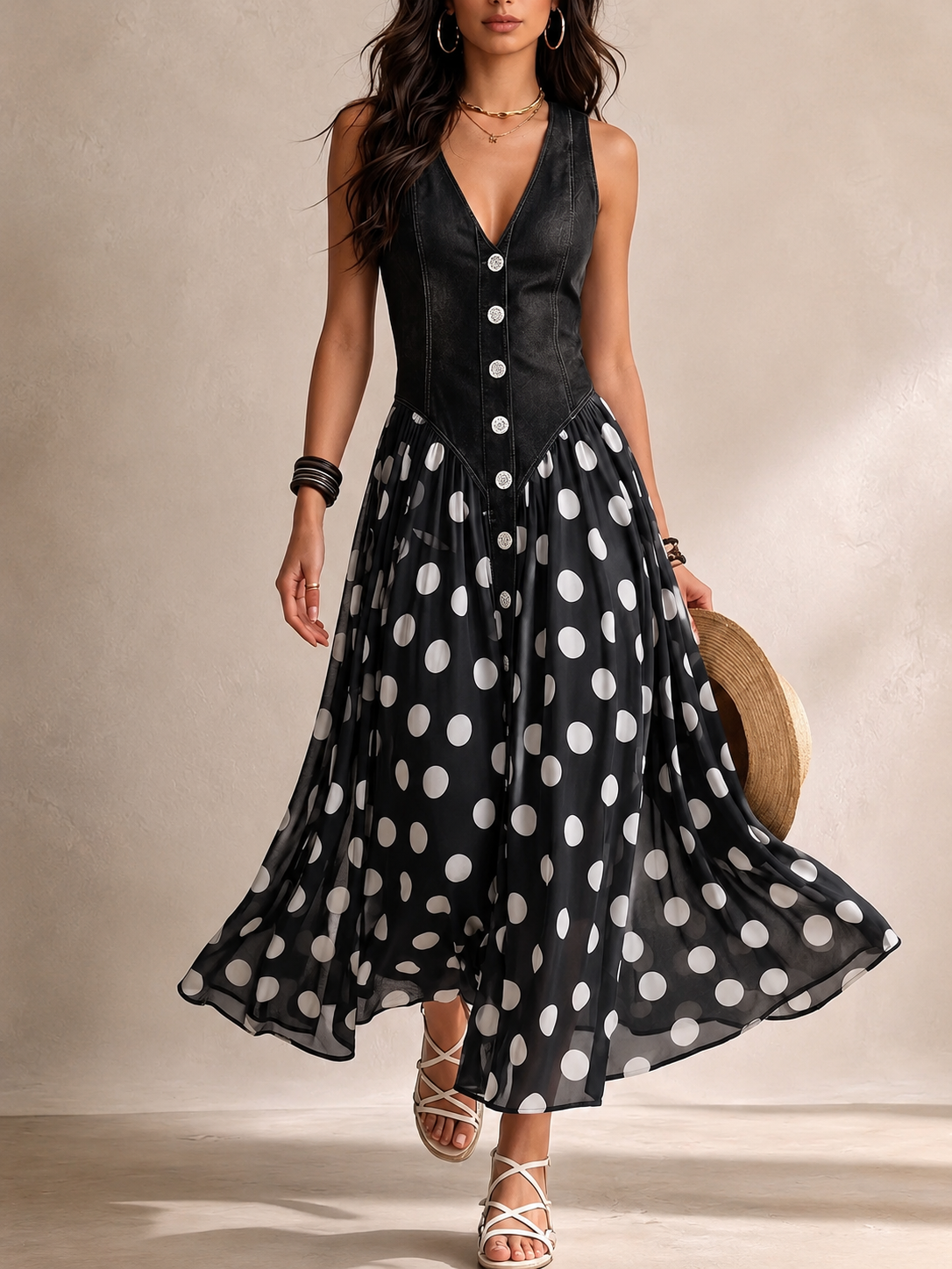 Beatrice | Robe en jean chic avec jupe en chiffon à pois