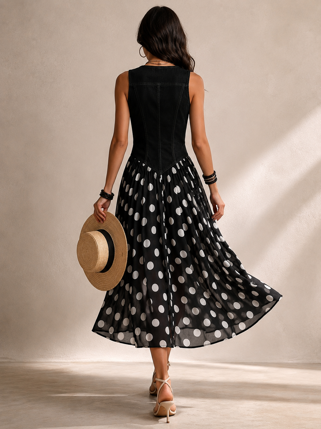 Beatrice | Robe en jean chic avec jupe en chiffon à pois