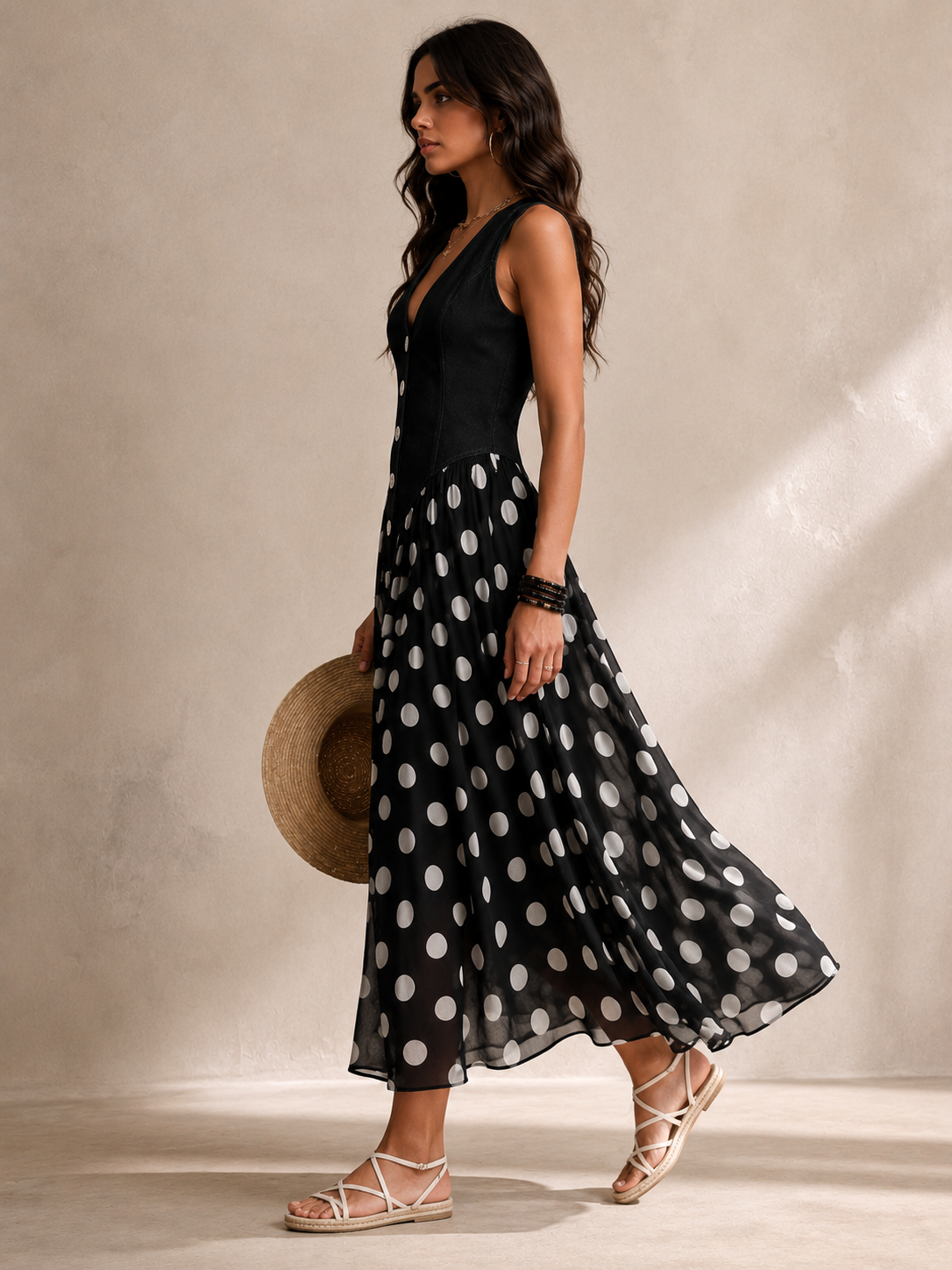 Beatrice | Robe en jean chic avec jupe en chiffon à pois