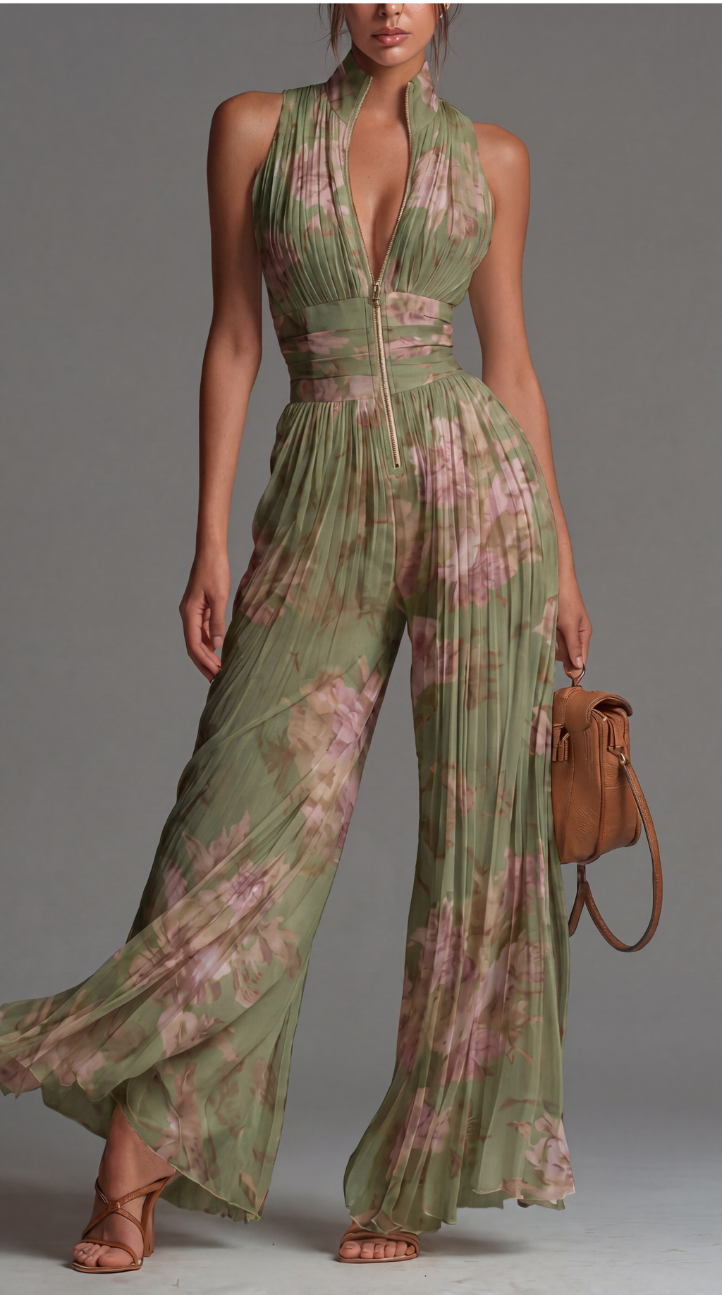 Zsófia Jumpsuit | Combinaison en Chiffon Plissé Verte