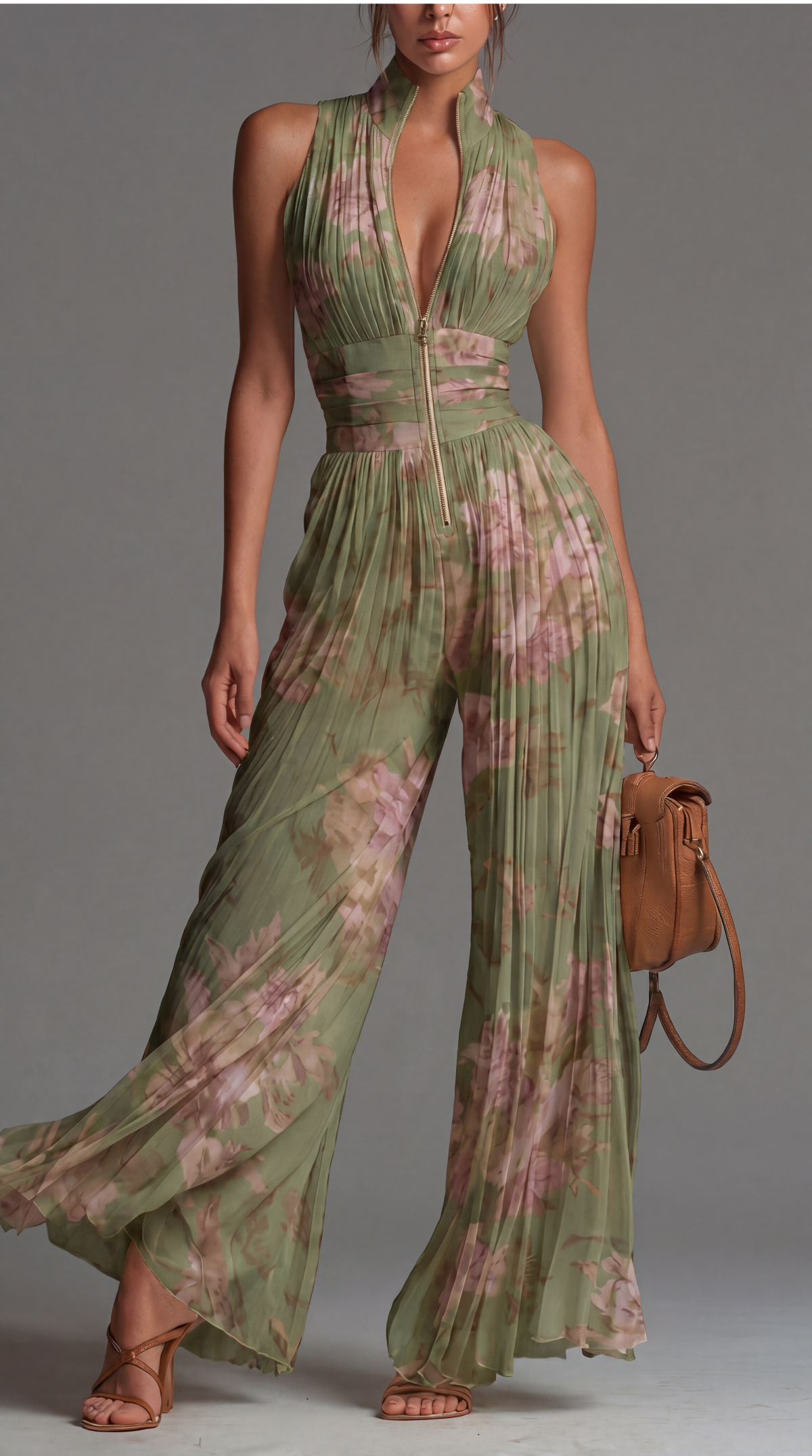 Zsófia Jumpsuit | Combinaison en Chiffon Plissé Verte