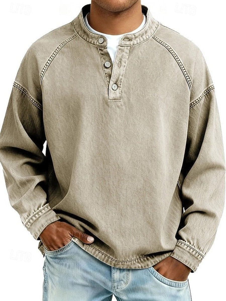 Pull Henley rétro pour homme au look vintage usé et aux manches raglan pour un style décontracté