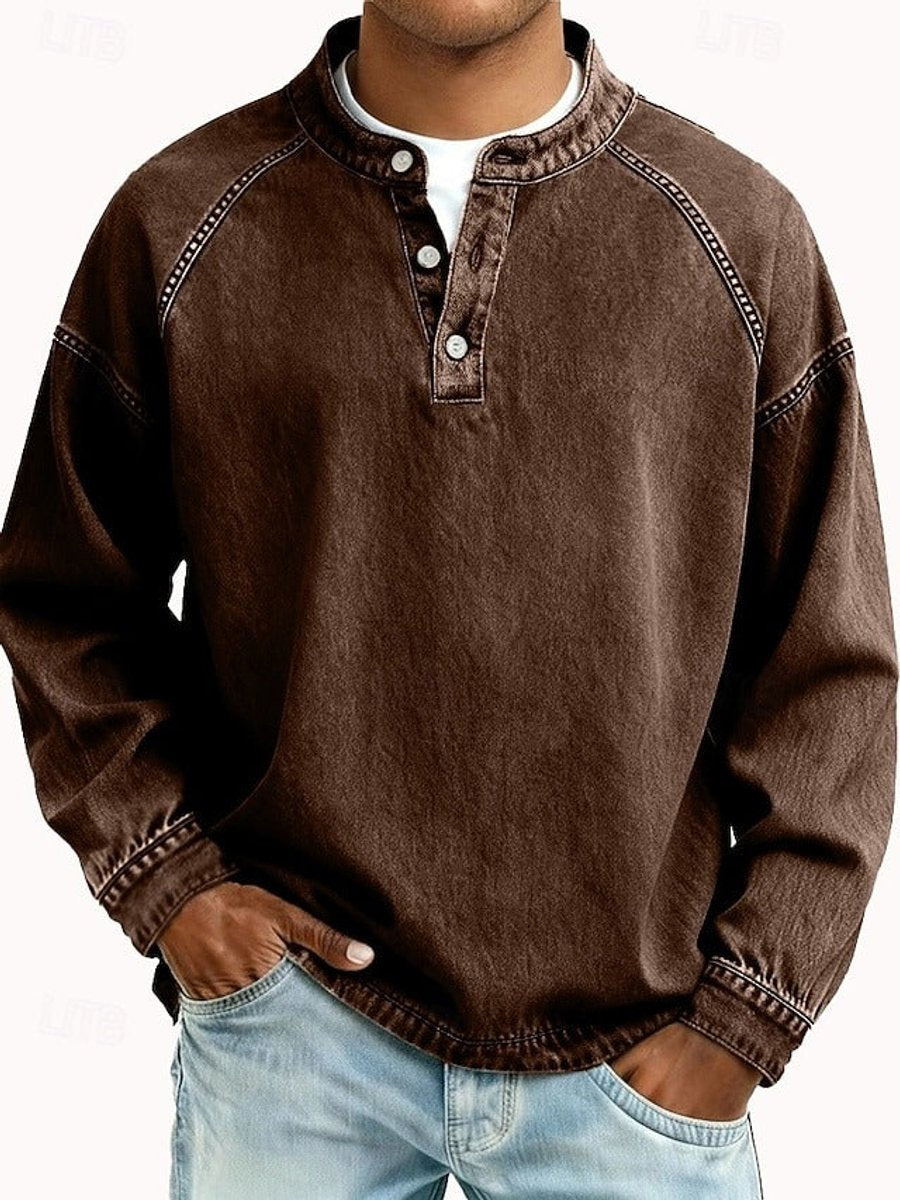 Pull Henley rétro pour homme au look vintage usé et aux manches raglan pour un style décontracté