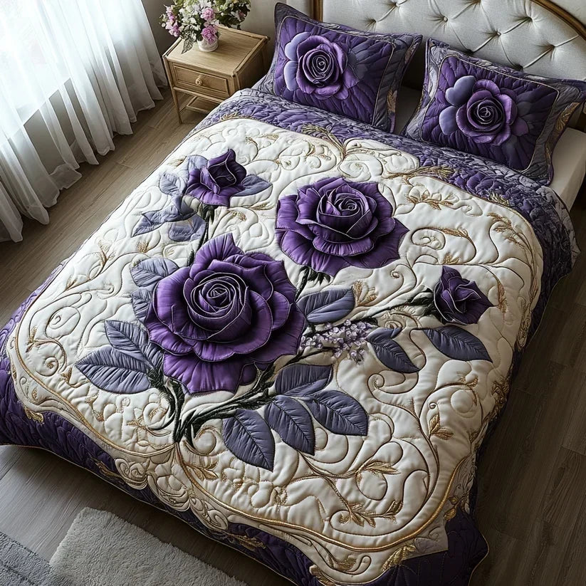 Parure de lit matelassée 3 pièces – Rose violette
