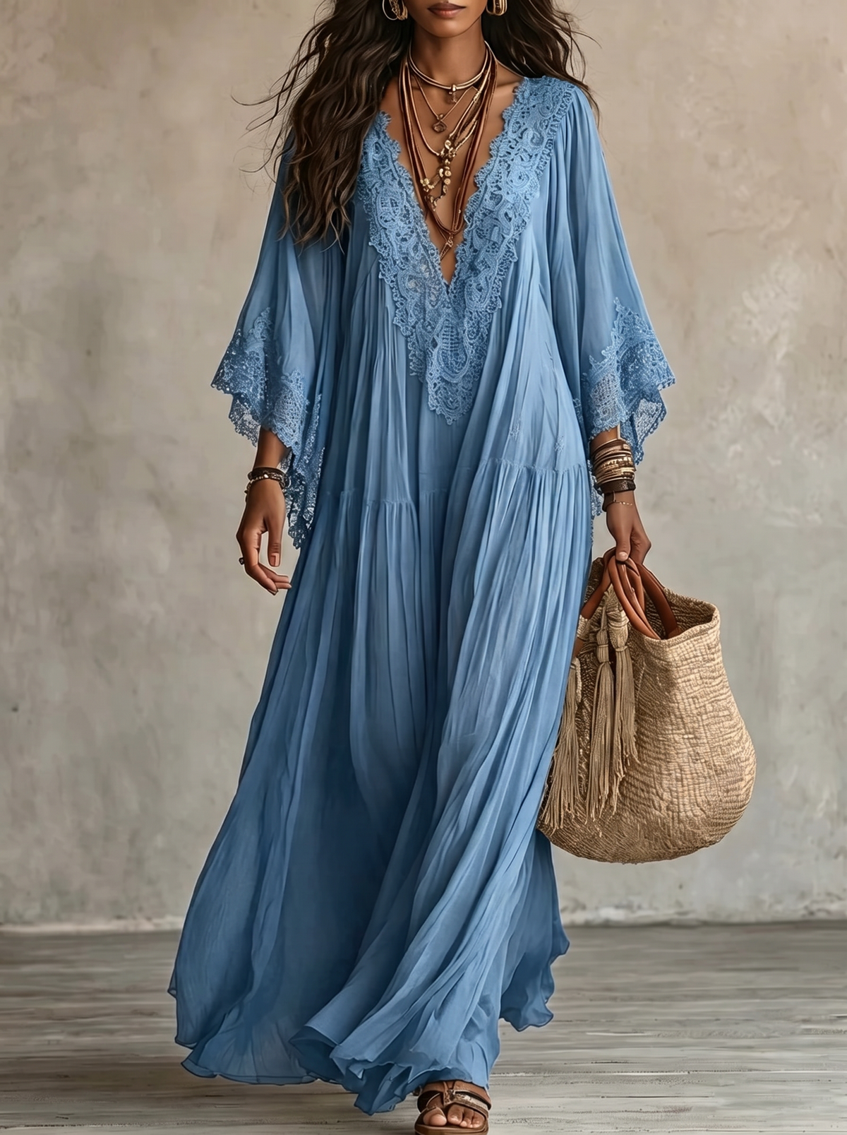 Emeline | Robe maxi bohème avec manches larges et broderies