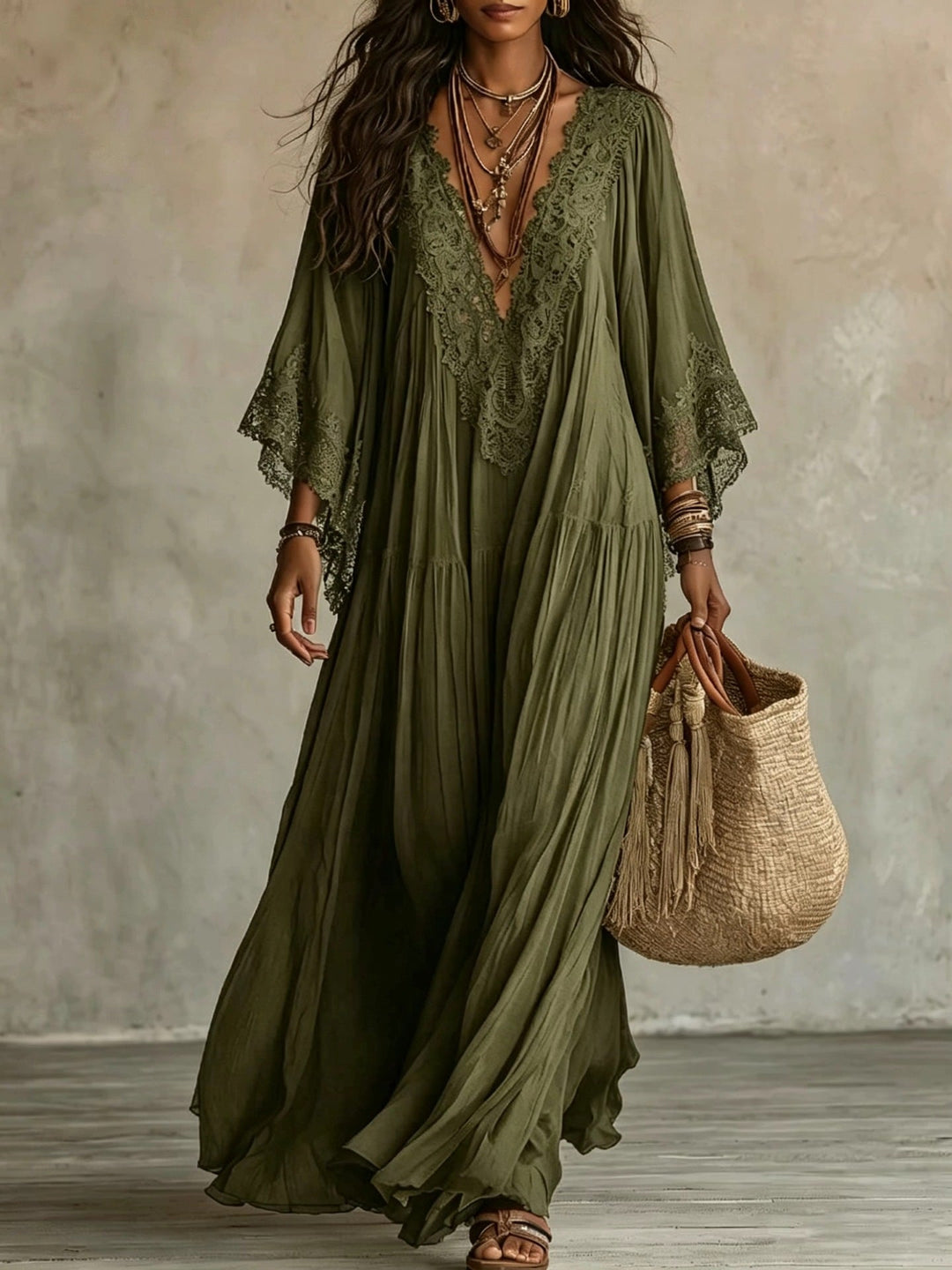 Emeline | Robe maxi bohème avec manches larges et broderies