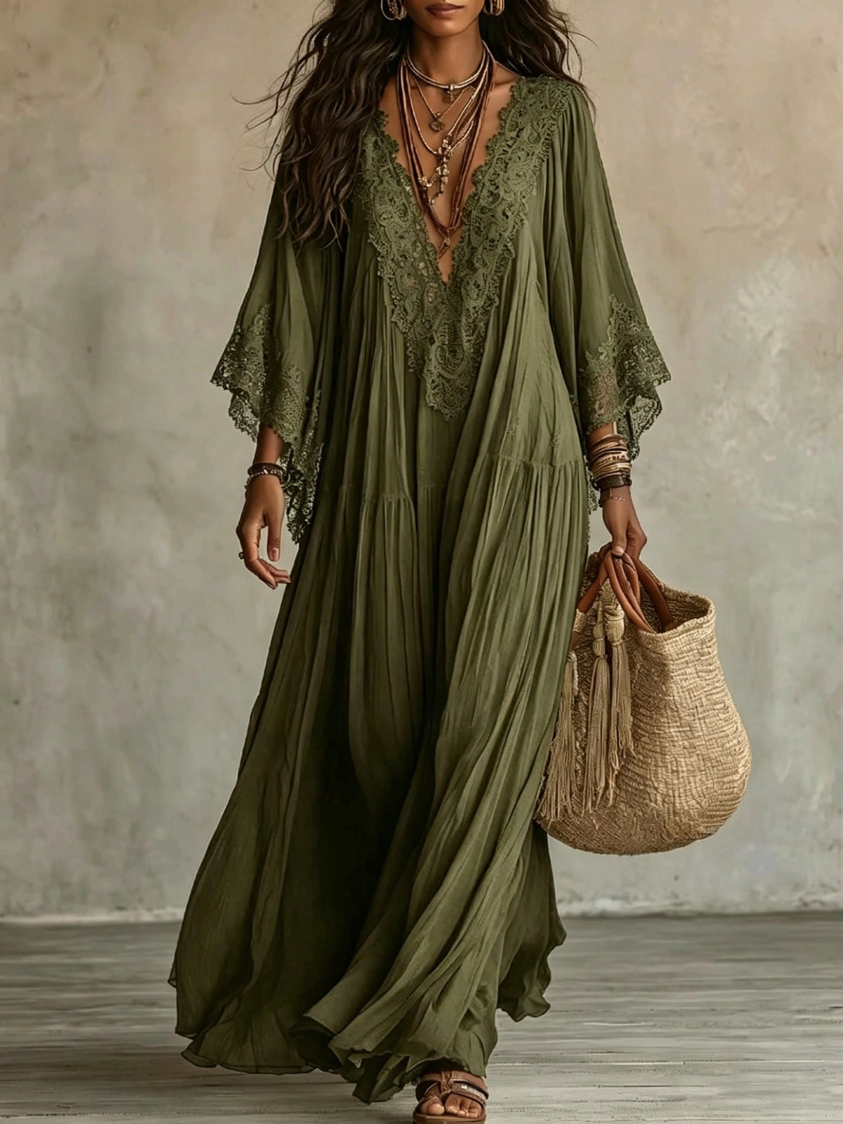 Emeline | Robe maxi bohème avec manches larges et broderies