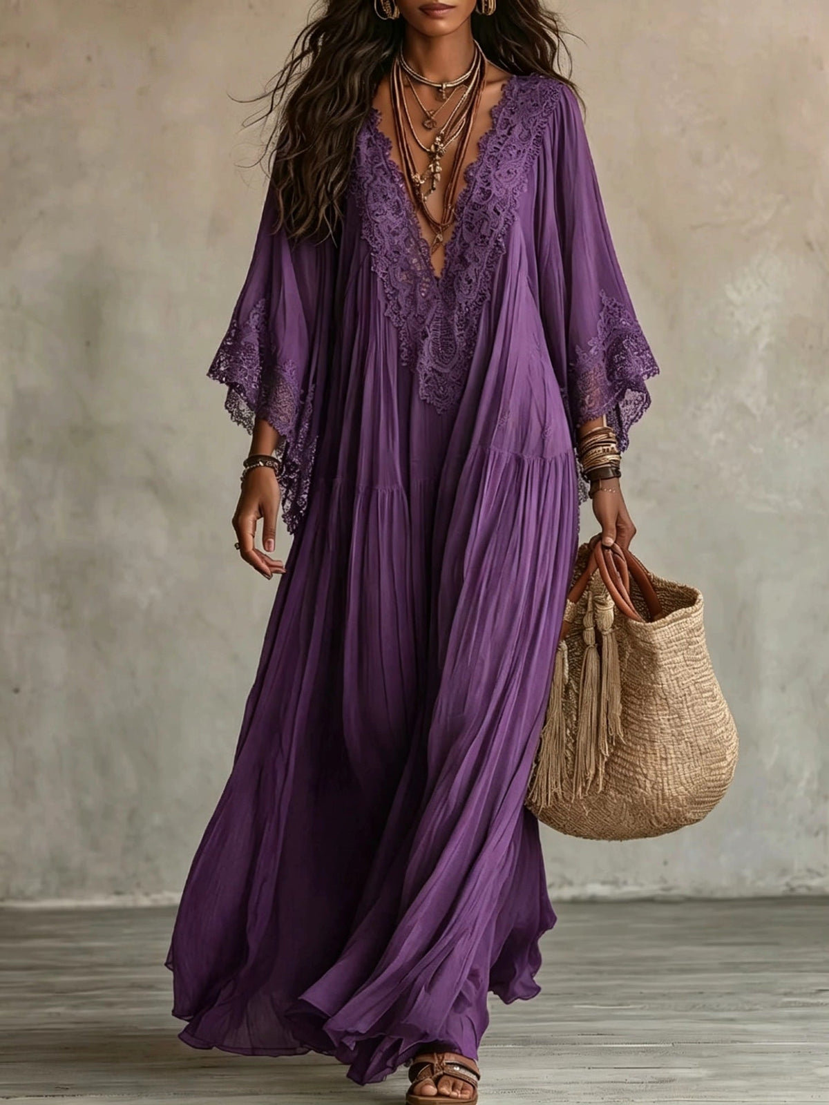 Emeline | Robe maxi bohème avec manches larges et broderies