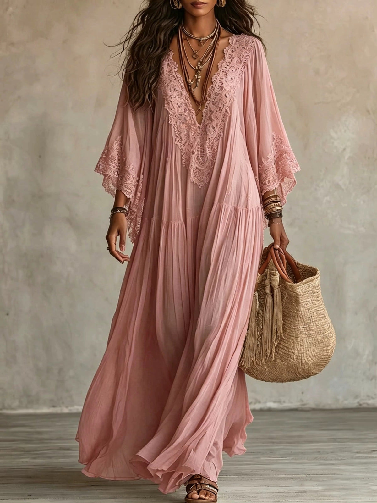 Emeline | Robe maxi bohème avec manches larges et broderies