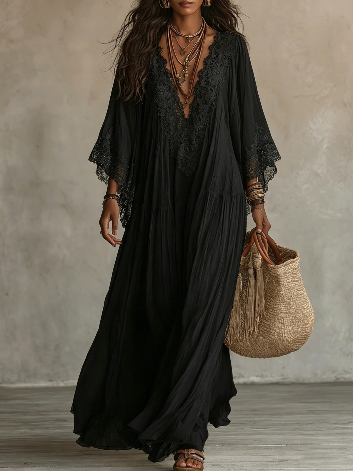 Emeline | Robe maxi bohème avec manches larges et broderies