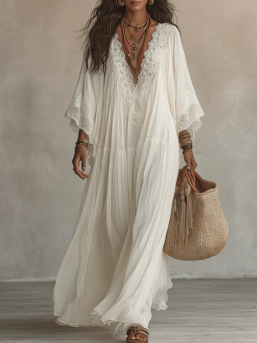 Emeline | Robe maxi bohème avec manches larges et broderies