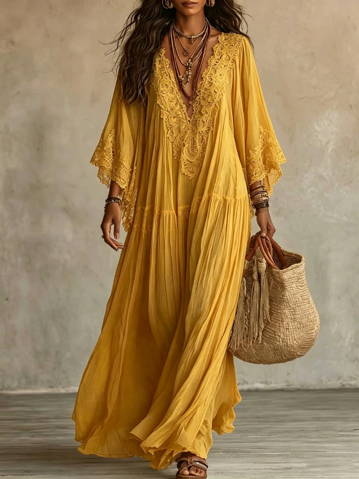 Emeline | Robe maxi bohème avec manches larges et broderies