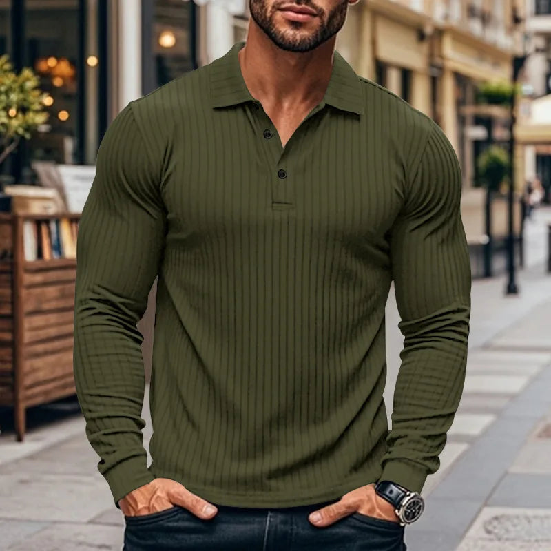 Polo à manches longues pour hommes en maille côtelée avec patte de boutonnage | Valcor Zurich