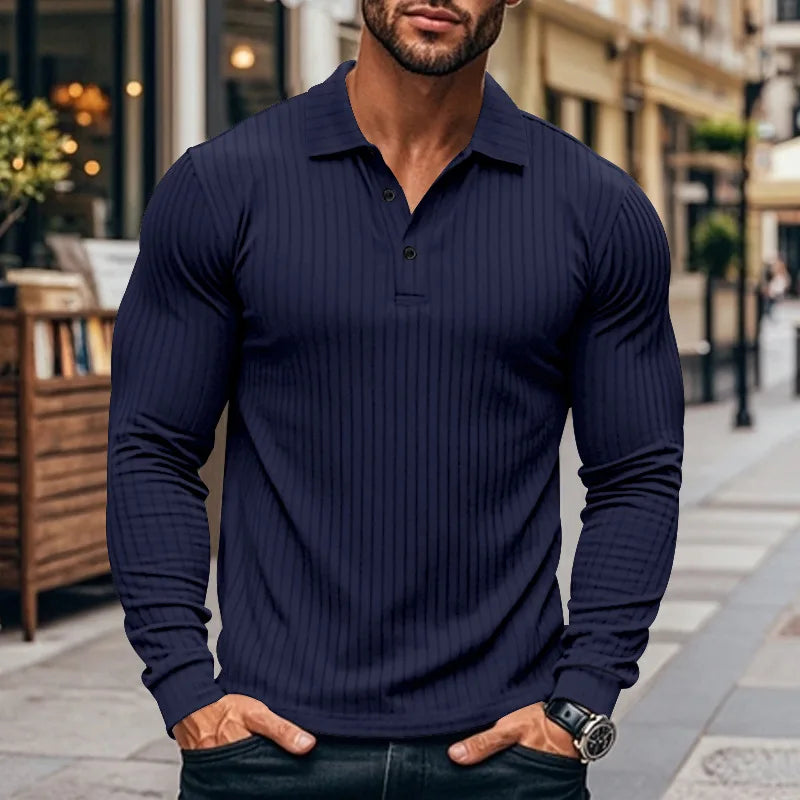 Polo à manches longues pour hommes en maille côtelée avec patte de boutonnage | Valcor Zurich