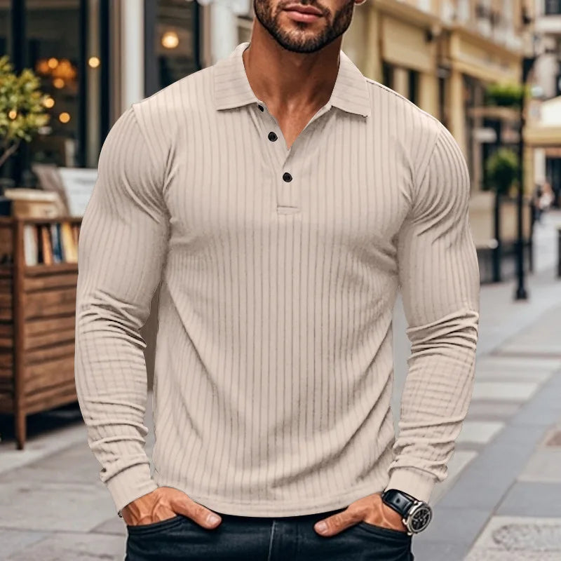 Polo à manches longues pour hommes en maille côtelée avec patte de boutonnage | Valcor Zurich