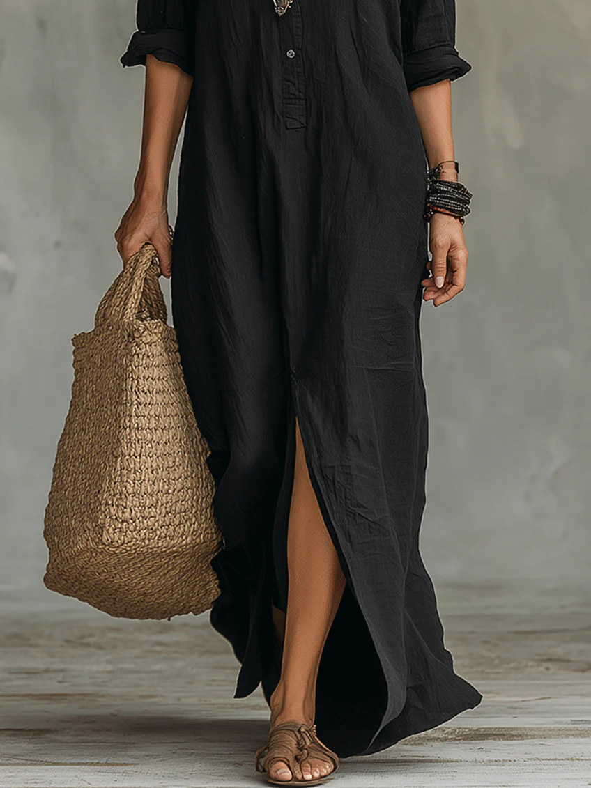 Soline - Robe Maxi Longue en Noir avec Boutons