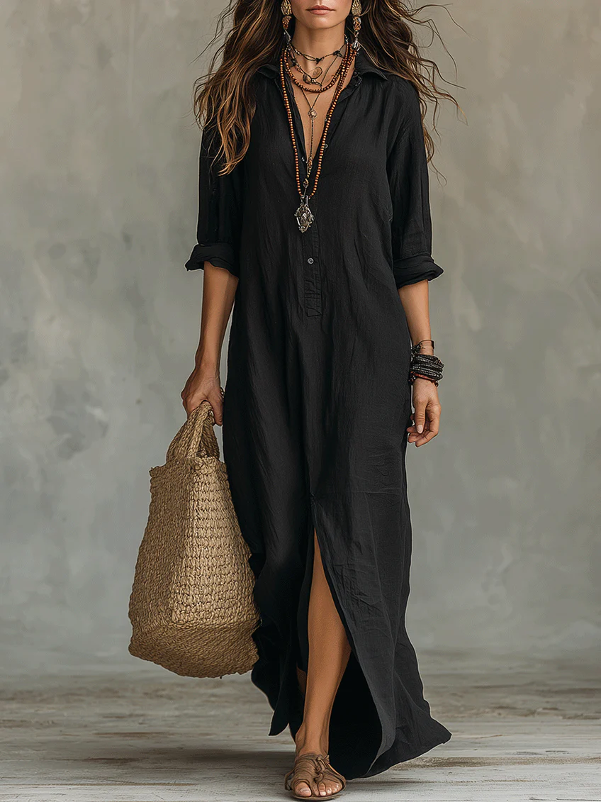 Soline - Robe Maxi Longue en Noir avec Boutons