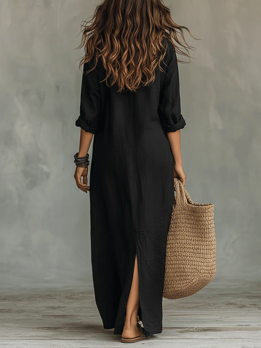 Soline - Robe Maxi Longue en Noir avec Boutons
