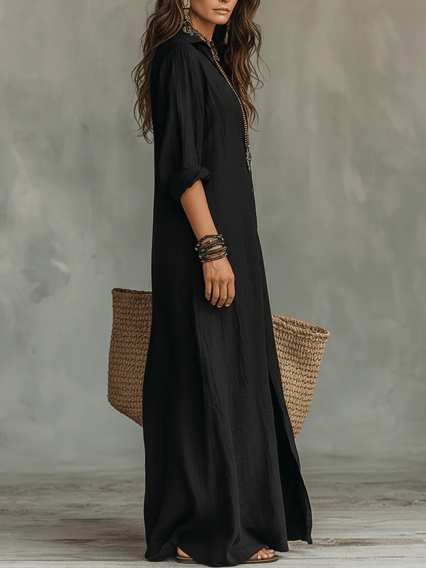 Soline - Robe Maxi Longue en Noir avec Boutons