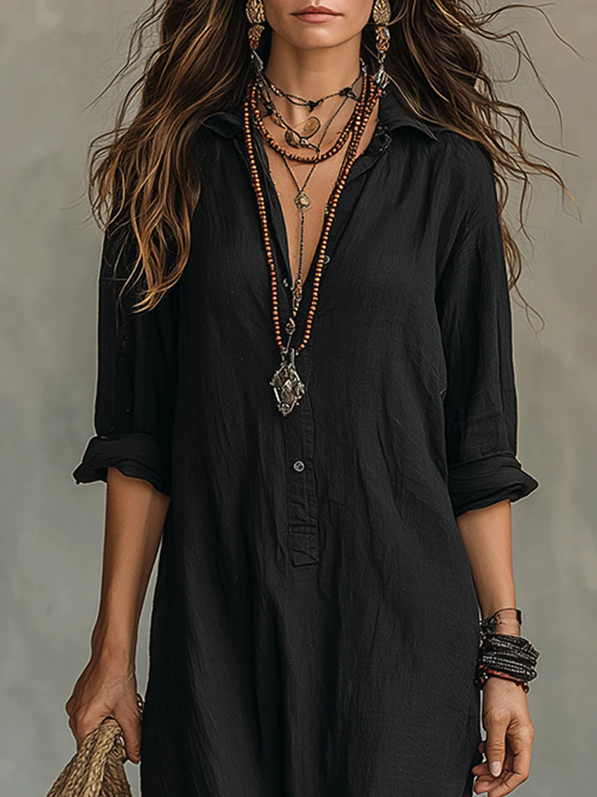 Soline - Robe Maxi Longue en Noir avec Boutons