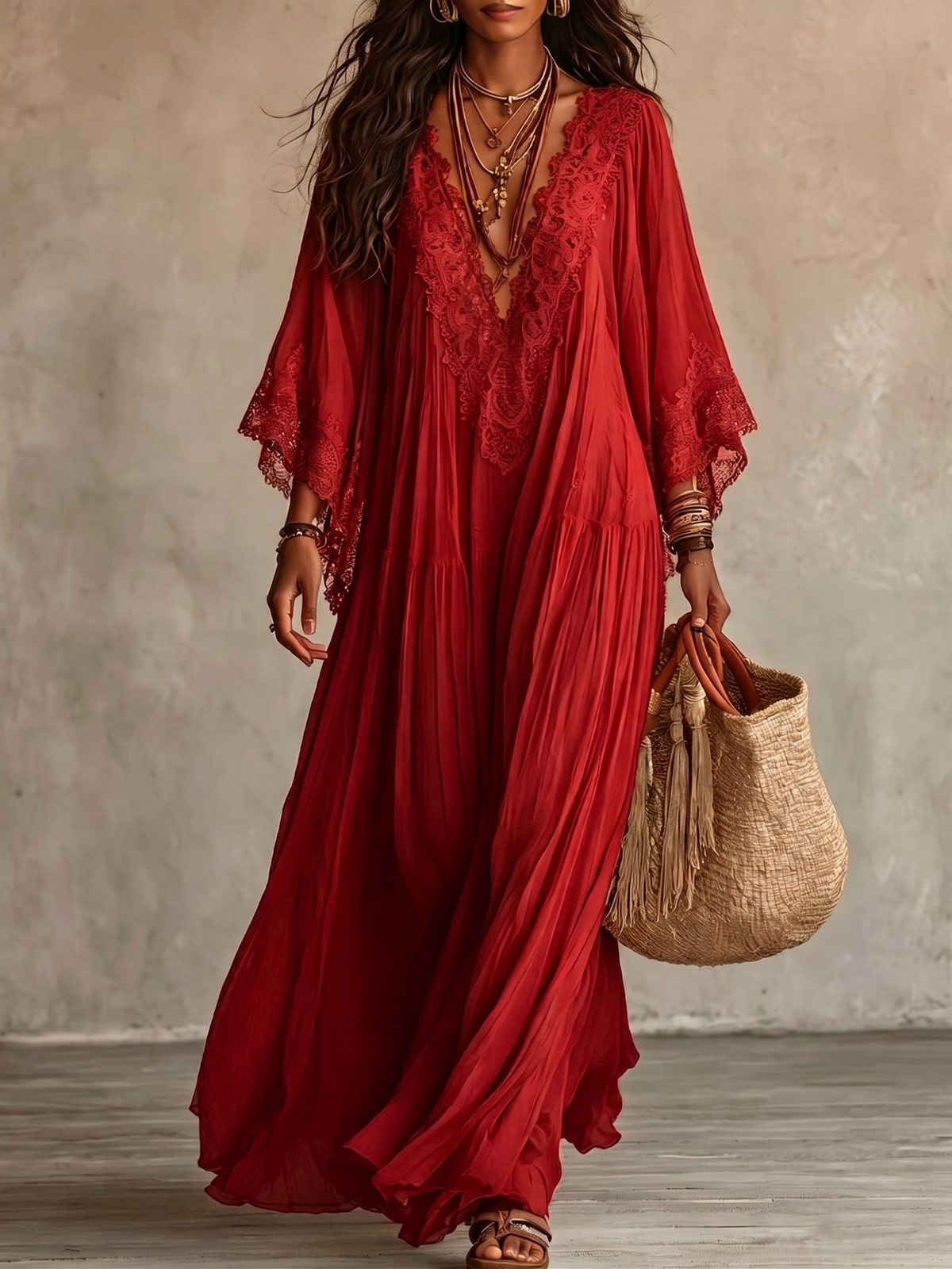 Emeline | Robe maxi bohème avec manches larges et broderies