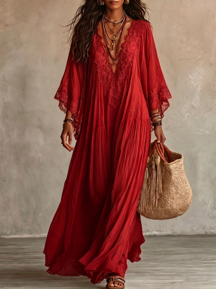 Emeline | Robe maxi bohème avec manches larges et broderies