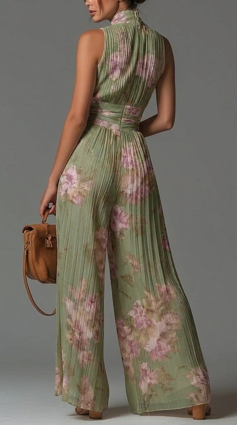 Zsófia Jumpsuit | Combinaison en Chiffon Plissé Verte