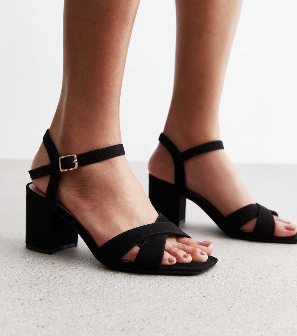 Largeur Ajustement Sandales à Talons Bloc en Velours Noir 2 Pièces | New Look