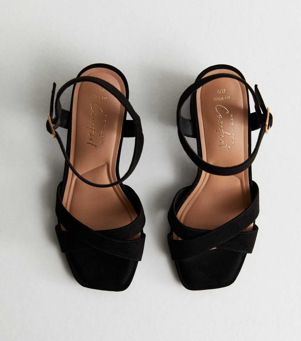Largeur Ajustement Sandales à Talons Bloc en Velours Noir 2 Pièces | New Look