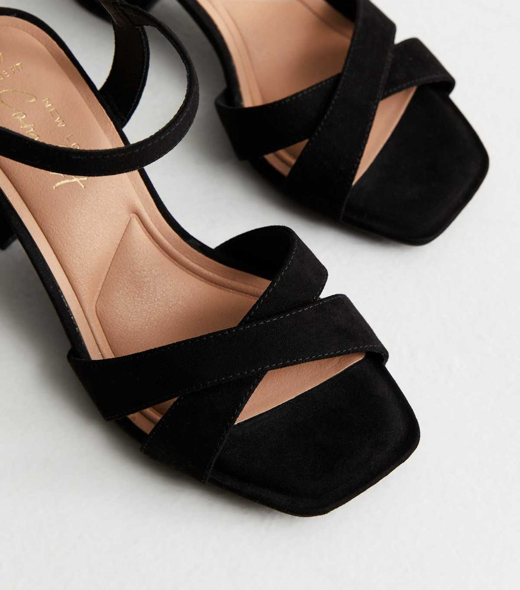 Largeur Ajustement Sandales à Talons Bloc en Velours Noir 2 Pièces | New Look